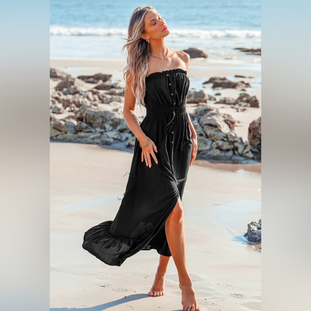 Cupshe Black Strapless Button-Front Maxi Dress
